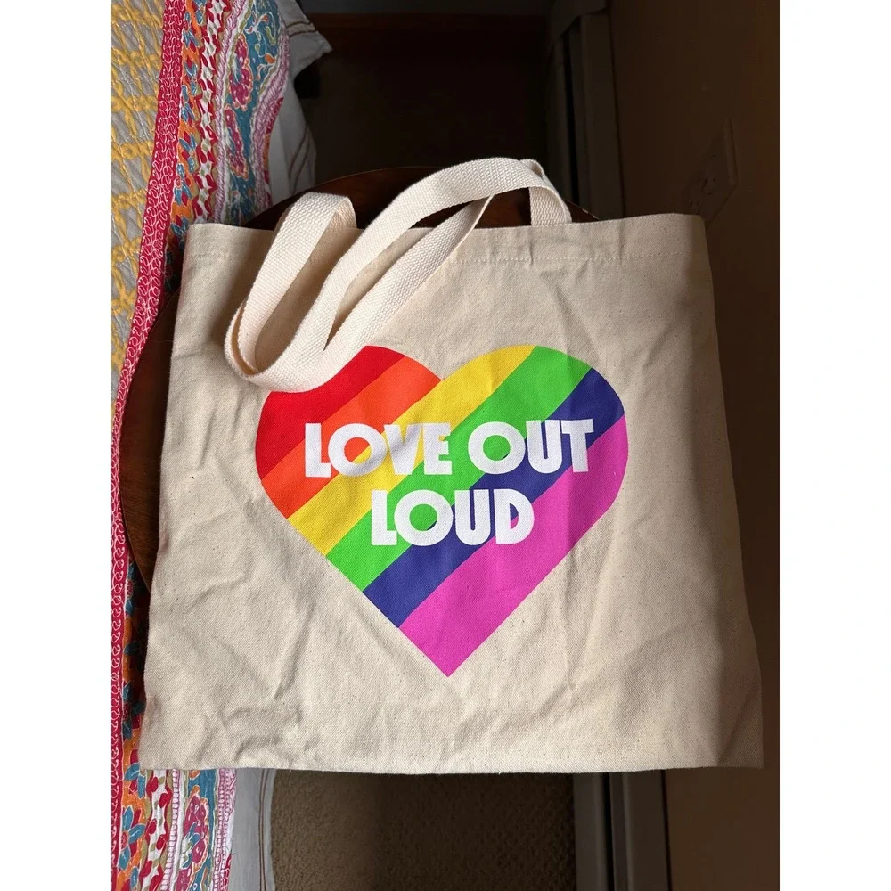 Old Navy Love Out Loud Rainbow Heart Canvas Tote Bag Cream Pride 100% Cotton